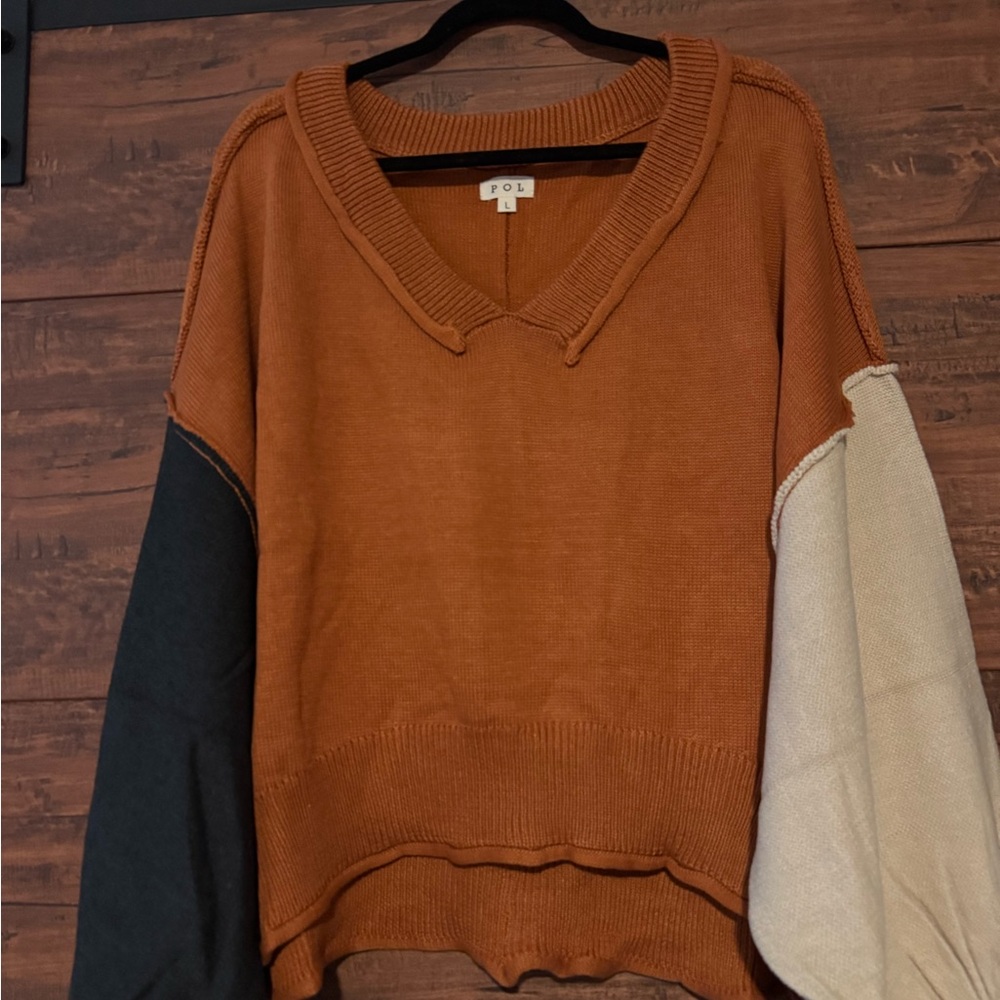 POL V-Neck Colorblock Sweater - Rust, Black, Cream